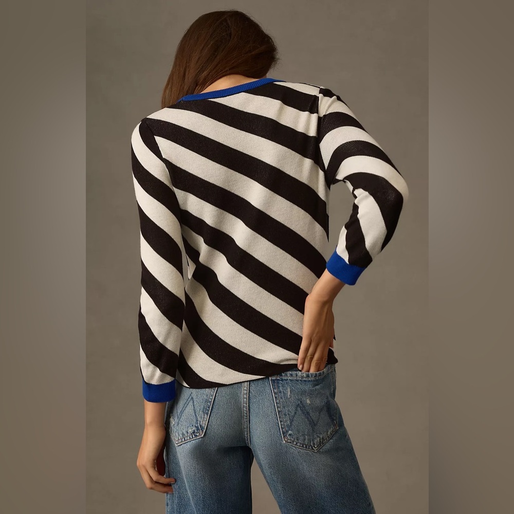 Maeve by Anthropologie striped pullover sweater black ivory blue trim size S - Picture 4 of 13